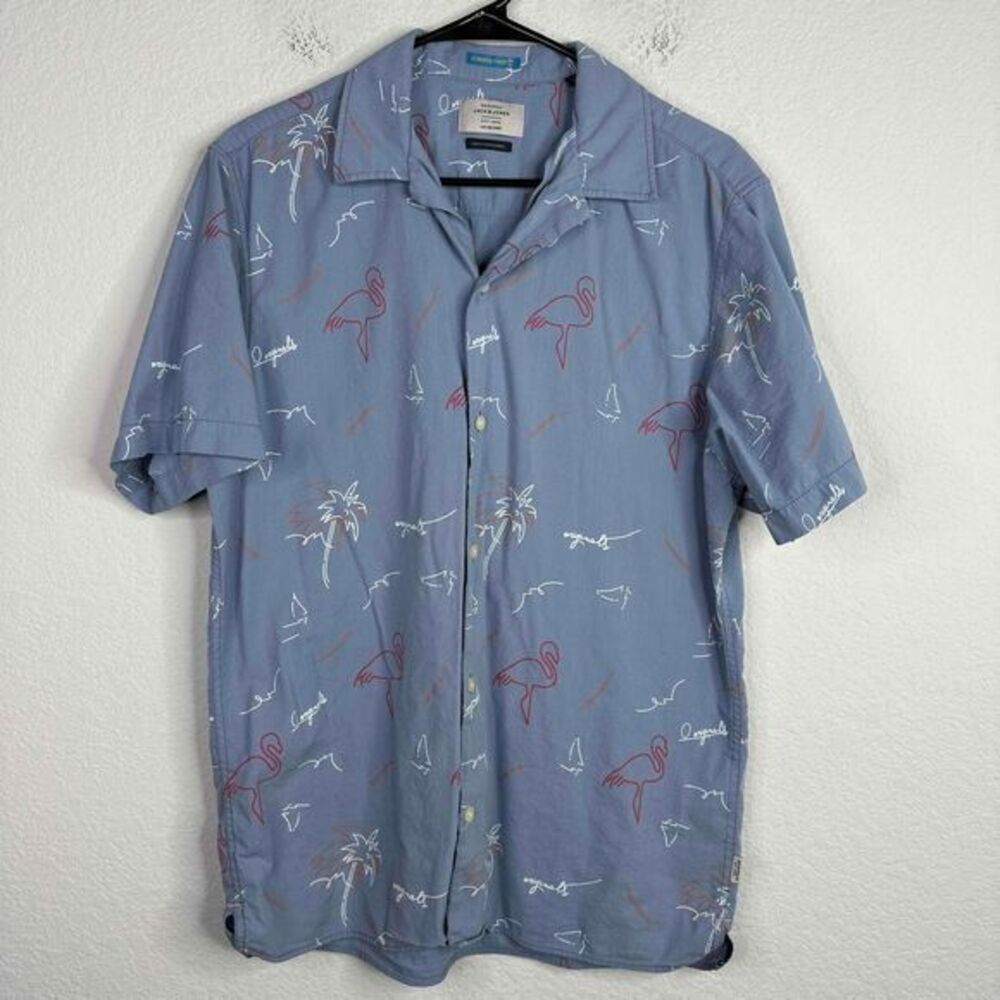 Jack And Jones Shirt Mens M Blue Jormiami Resort Short Sleeve Camp‎ Vacation